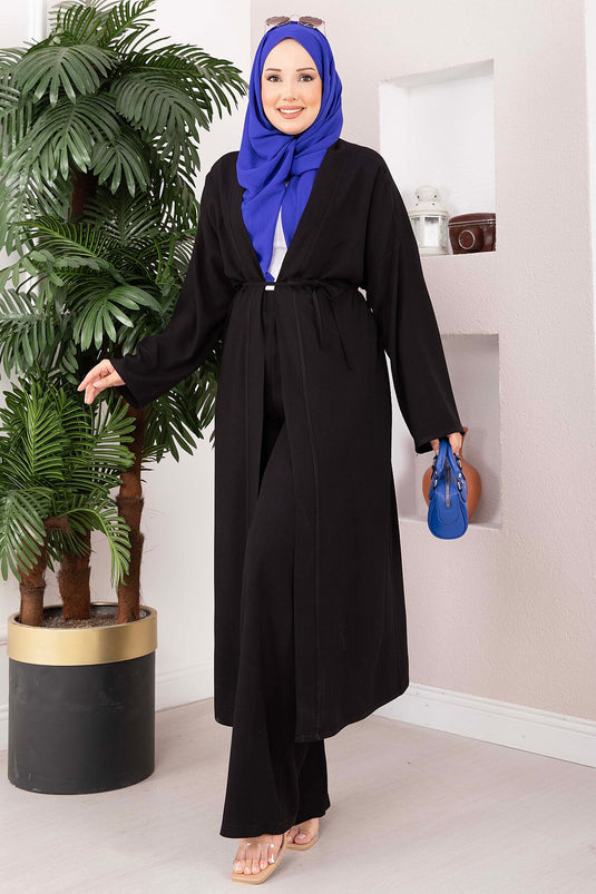 Bağcıklı Uzun Kimono Pantolon Takım Siyah