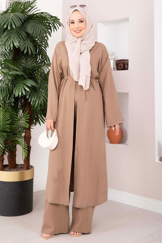 Bağcıklı Uzun Kimono Pantolon Takım Vizon