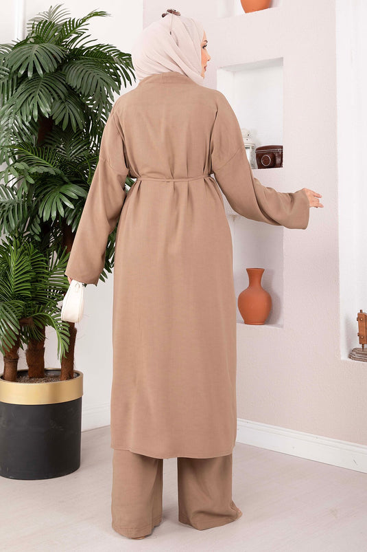 Bağcıklı Uzun Kimono Pantolon Takım Vizon