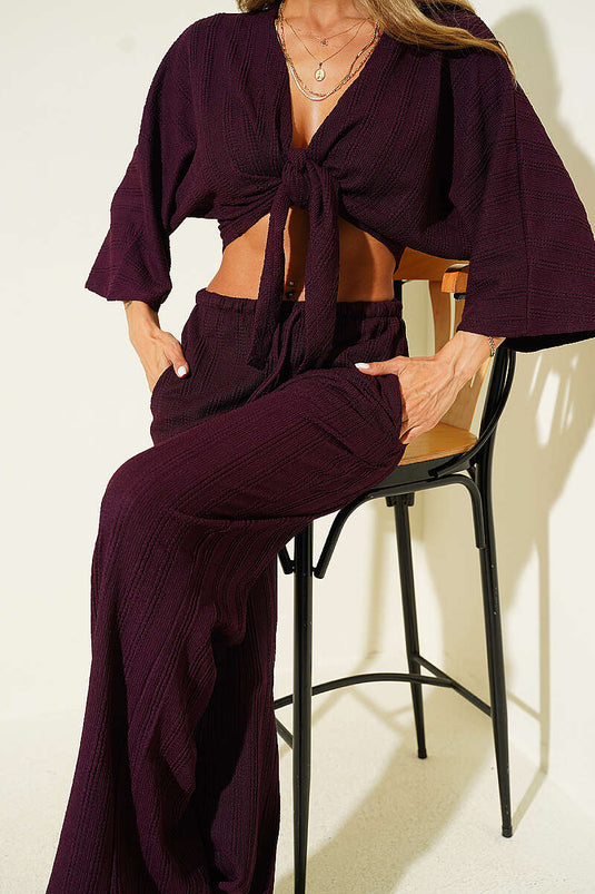 Bağlamalı Bürümcük Crop İkili Takım Mürdüm