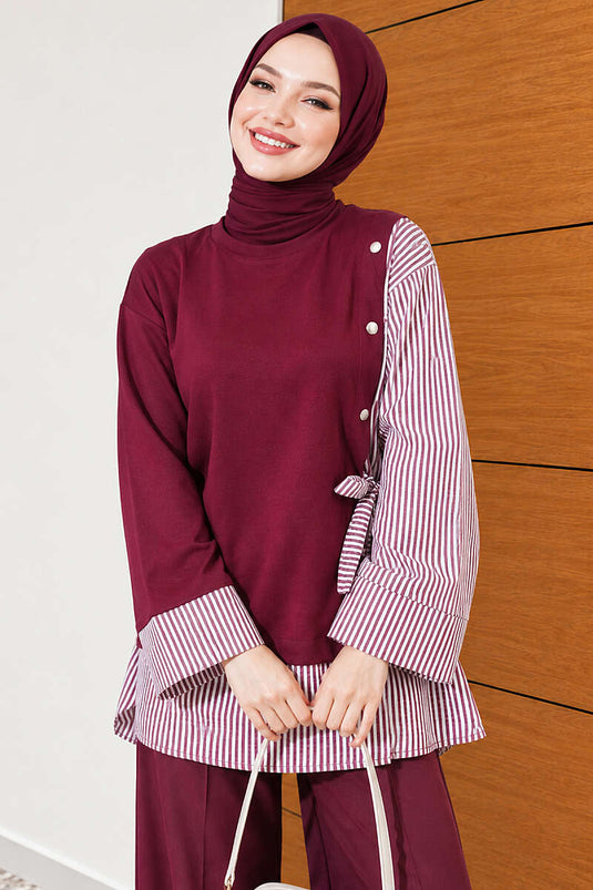 Bağlamalı Çizgi Garnili Tunik Mürdüm