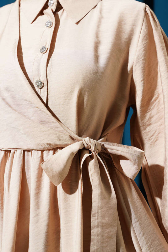 Beige Belted Half Stone Button Dress