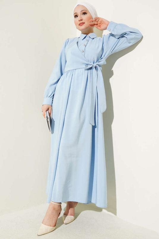 Tied Half Stone Buttoned Dress Ice Blue
