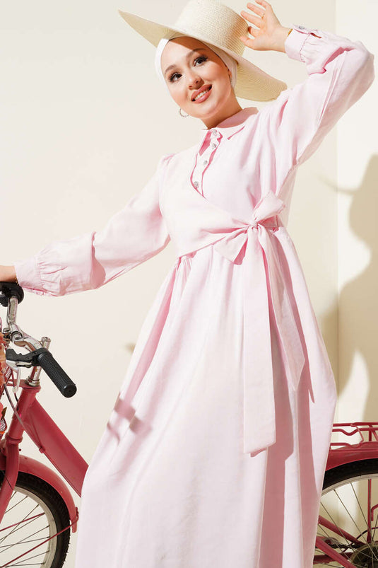 Tied Half Stone Buttoned Dress Pink
