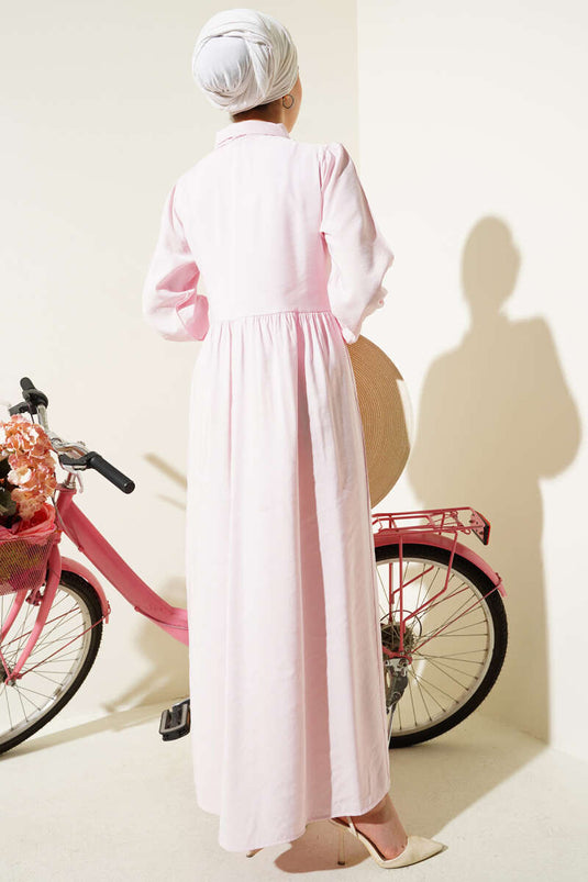 Tied Half Stone Buttoned Dress Pink
