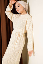 Robe En Maille Beige À Motif Avec Design Baklava