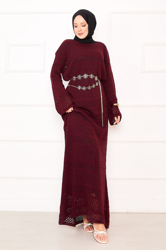 Baklava Pattern Openwork Knit Dress Burgundy
