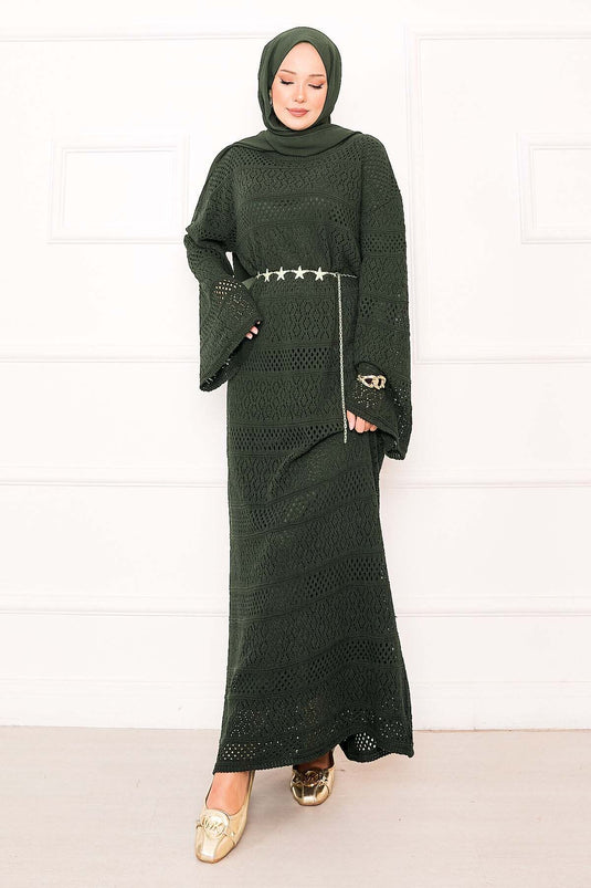 Baklava Pattern Openwork Knit Dress Khaki