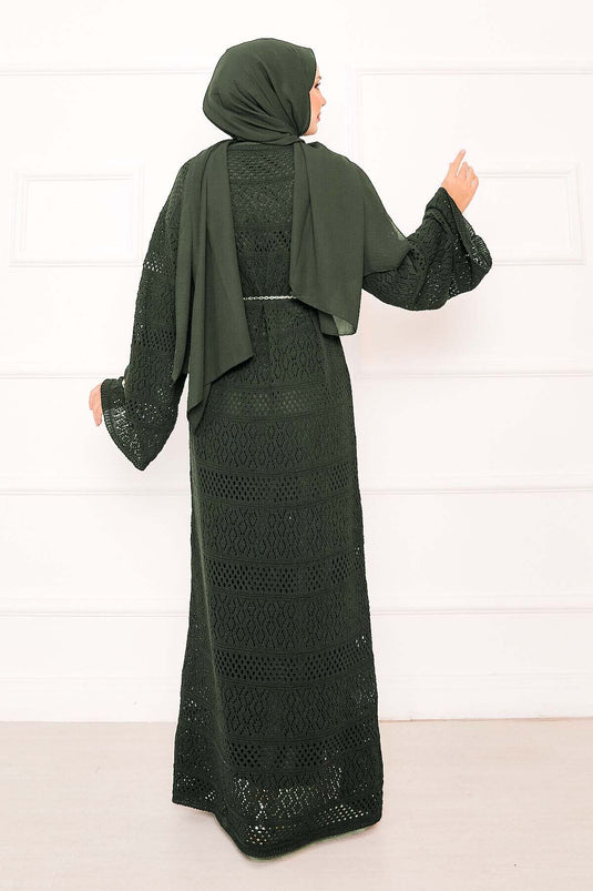 Baklava Pattern Openwork Knit Dress Khaki