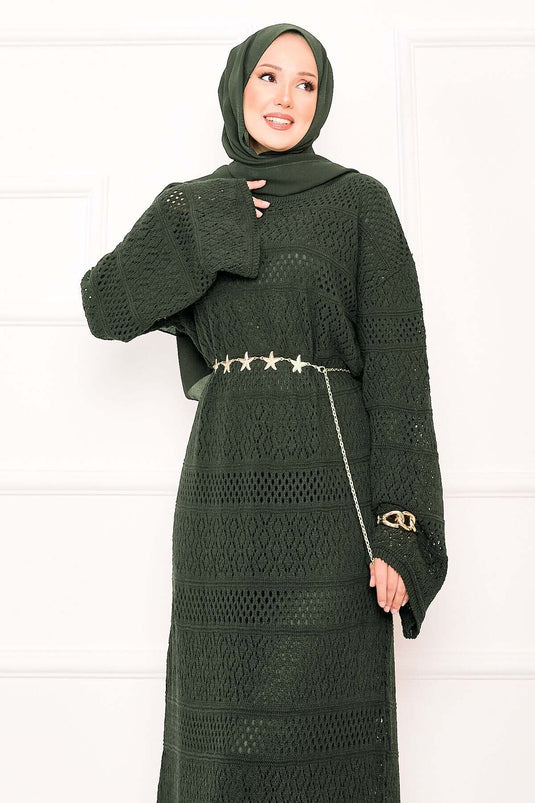 Baklava Pattern Openwork Knit Dress Khaki