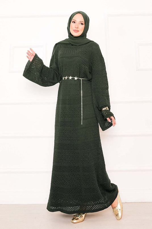 Baklava Pattern Openwork Knit Dress Khaki