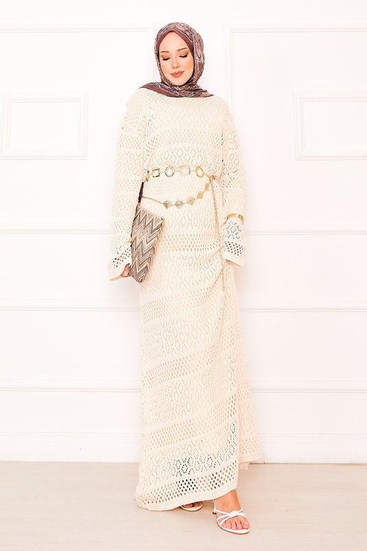 Baklava-Muster, durchbrochenes Strickkleid, Creme