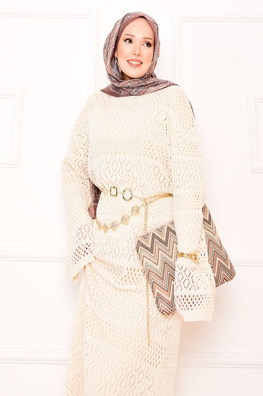 Baklava-Muster, durchbrochenes Strickkleid, Creme