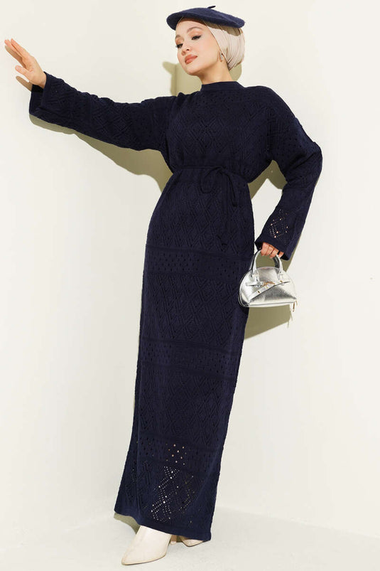 Robe en tricot ajouré à motif baklava bleu marine