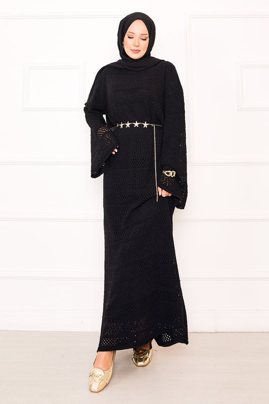 Baklava Pattern Openwork Knit Dress Black