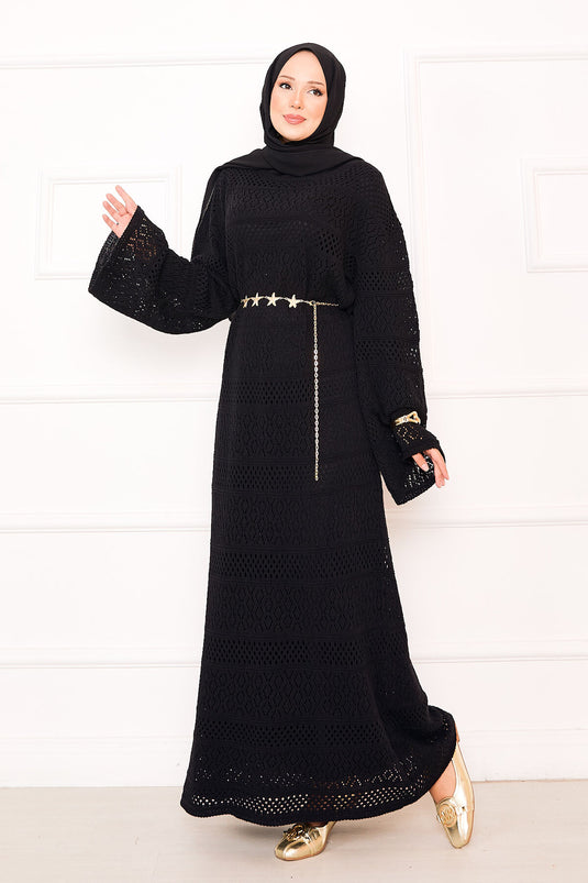 Baklava Pattern Openwork Knit Dress Black