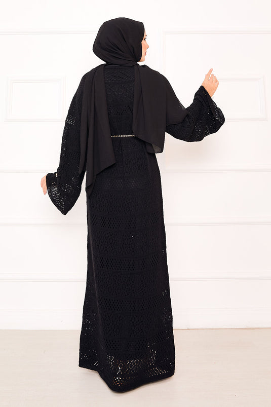 Baklava Pattern Openwork Knit Dress Black