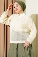 Pull en tricot ajouré à motif baklava beige