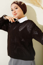 Pull en tricot ajouré motif baklava marron