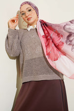 Pull en tricot ajouré motif baklava couleur vison