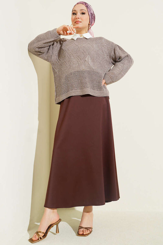 Pull en tricot ajouré motif baklava couleur vison