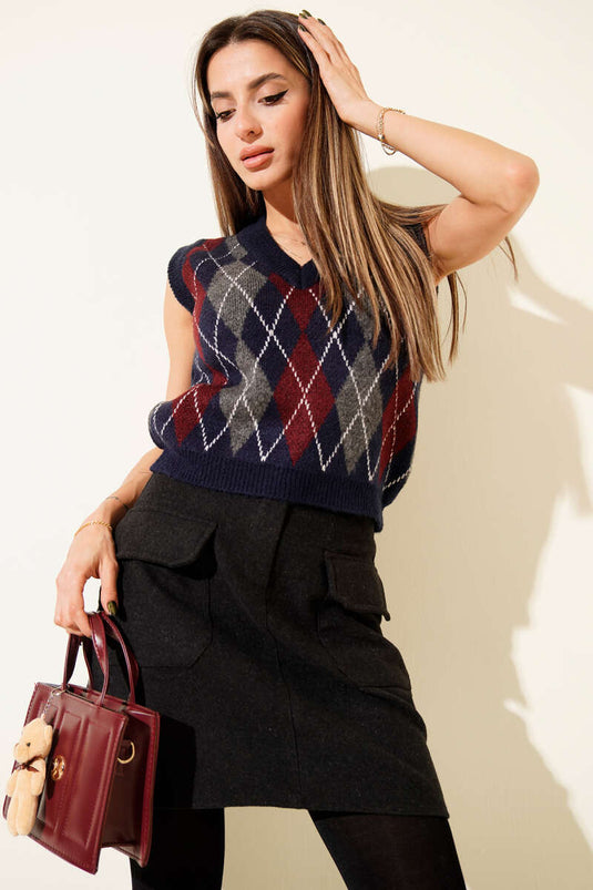 Baklava Desen Çizgili Süveter Lacivert