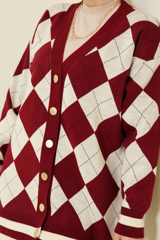 Gilet En Tricot Bordeaux À Boutons Motif Baklava