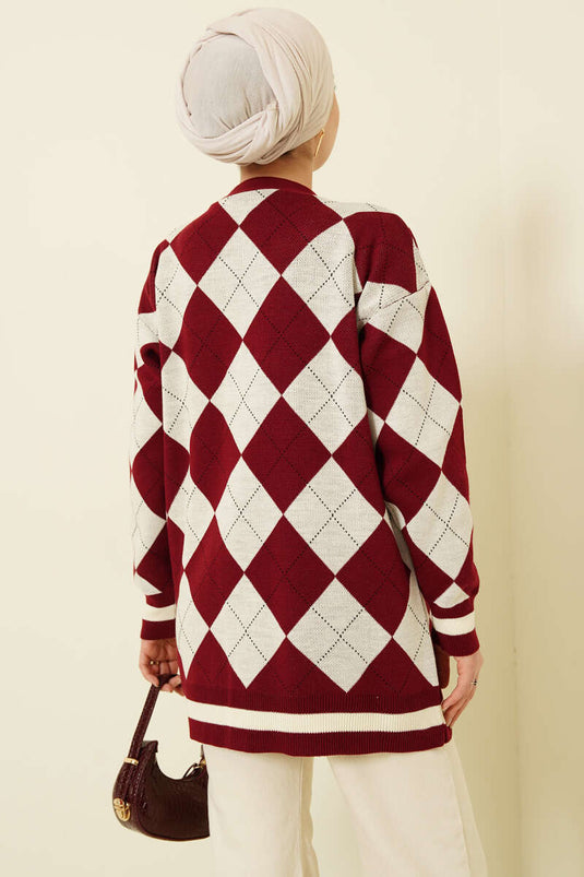 Baklava Pattern Buttoned Knit Cardigan Burgundy