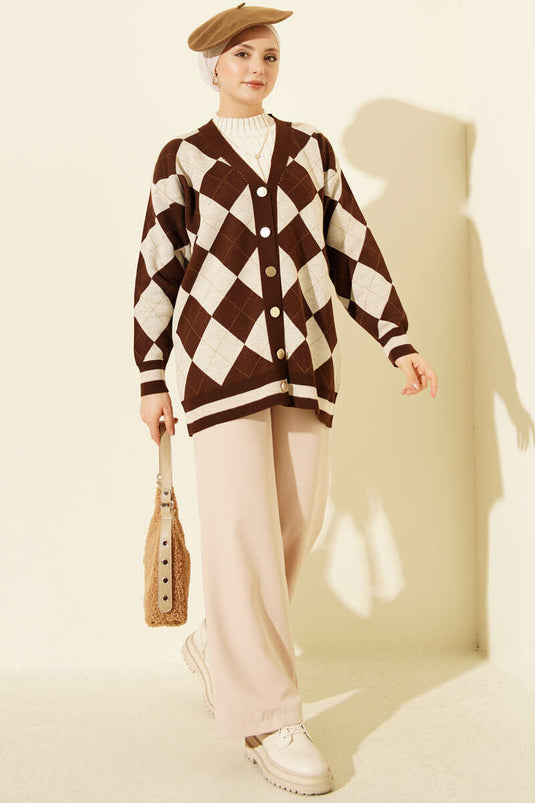 Brown Buttoned Knit Cardigan With Baklava Pattern
