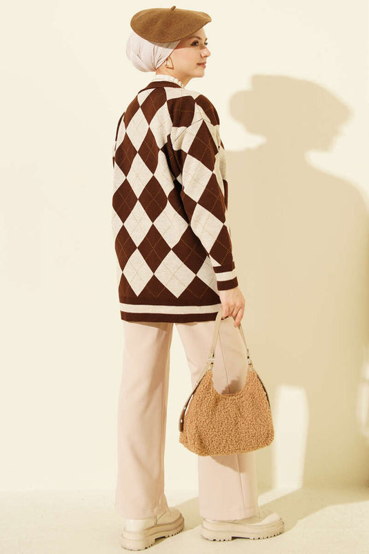 Brown Buttoned Knit Cardigan With Baklava Pattern
