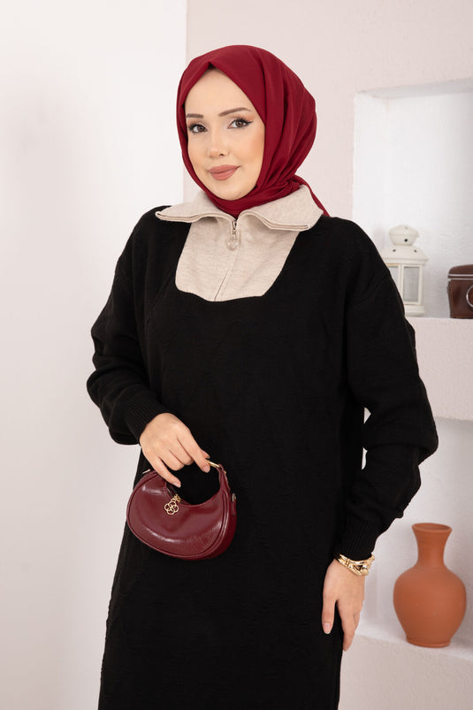 Robe en maille noire à motif baklava et bordures couleur pierre