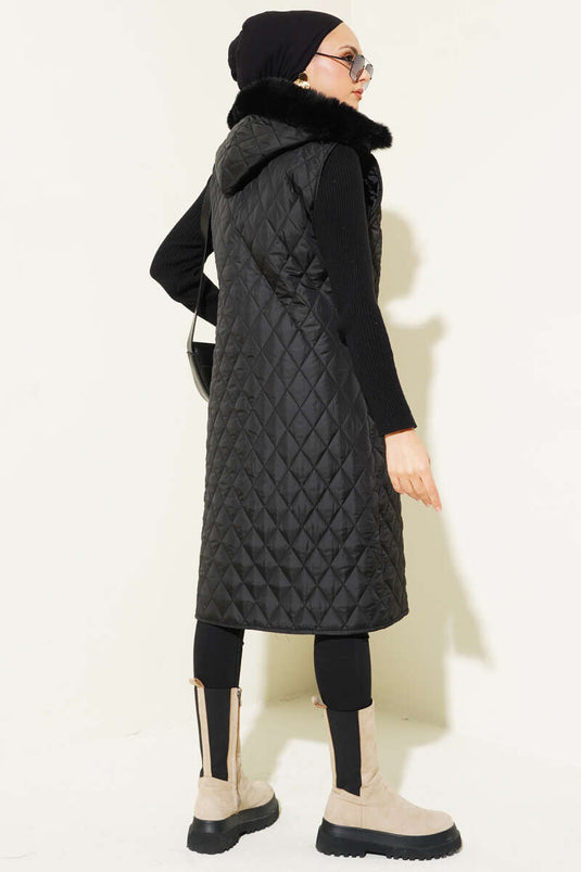 Diamond Pattern Hooded Zippered Vest Black