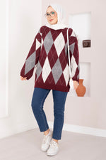 Pull en tricot oversize à motif baklava bordeaux