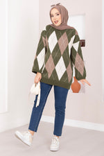 Pull tricot oversize motif baklava kaki