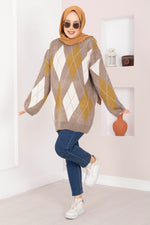 Pull tricot oversize motif baklava couleur vison