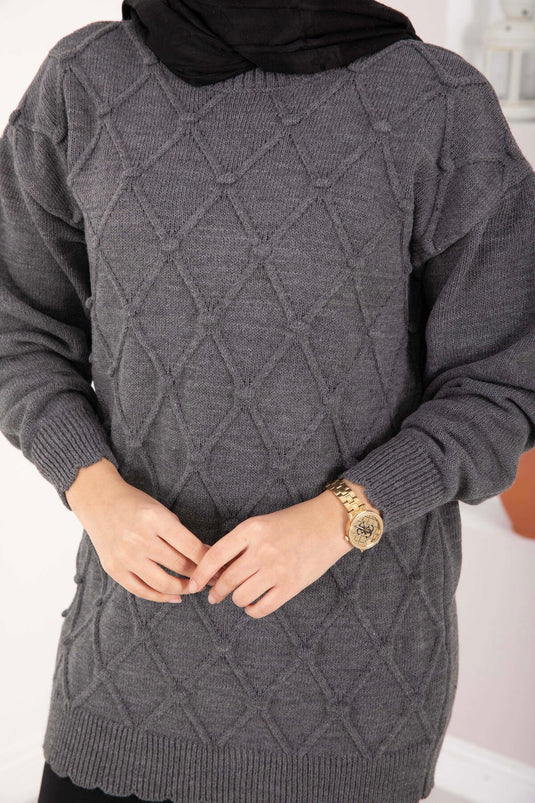 Baklava Desen Ponpon Detaylı Triko Kazak Antrasit