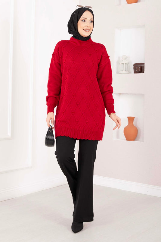 Baklava Desen Ponpon Detaylı Triko Kazak Kırmızı