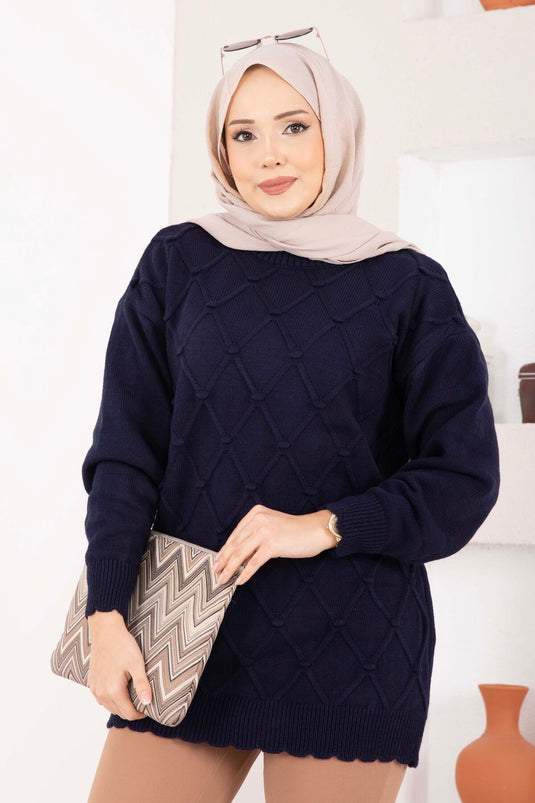 Baklava Desen Ponpon Detaylı Triko Kazak Lacivert