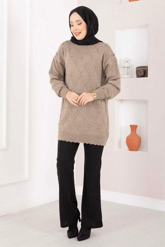 Baklava Desen Ponpon Detaylı Triko Kazak Vizon