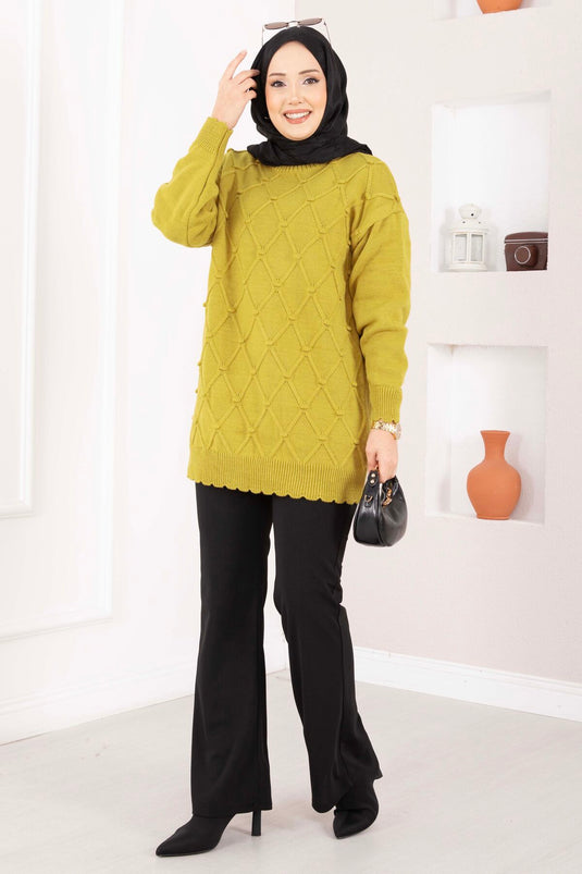 Baklava Desen Ponpon Detaylı Triko Kazak Yağ Yeşil