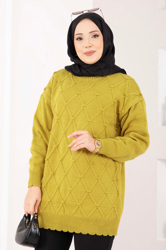 Baklava Desen Ponpon Detaylı Triko Kazak Yağ Yeşil