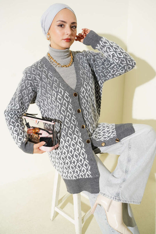 Diamond Pattern Bearded Buttoned Knitwear Cardigan in Smoke
