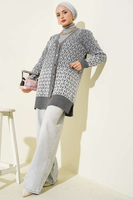 Diamond Pattern Bearded Buttoned Knitwear Cardigan in Smoke