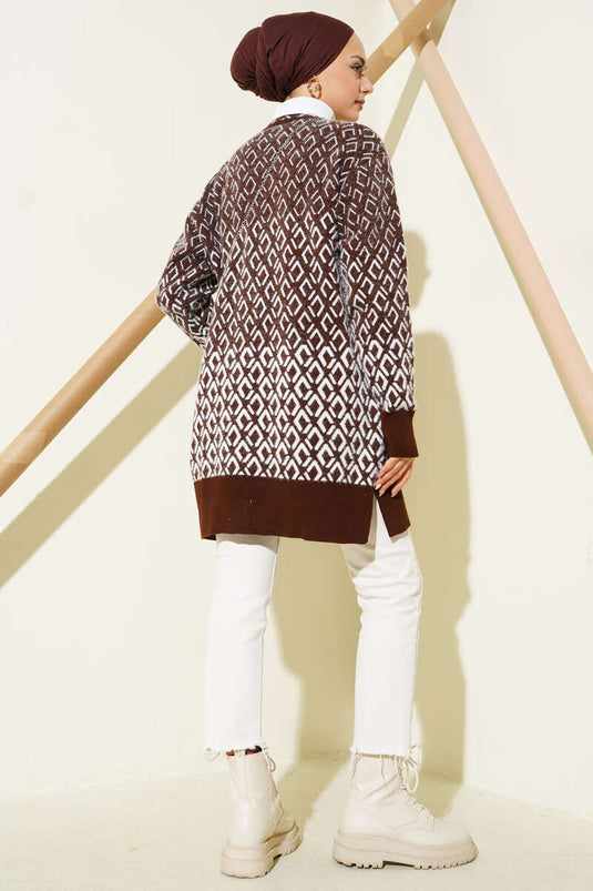 Diamond Pattern Bearded Buttoned Knitwear Cardigan Brown