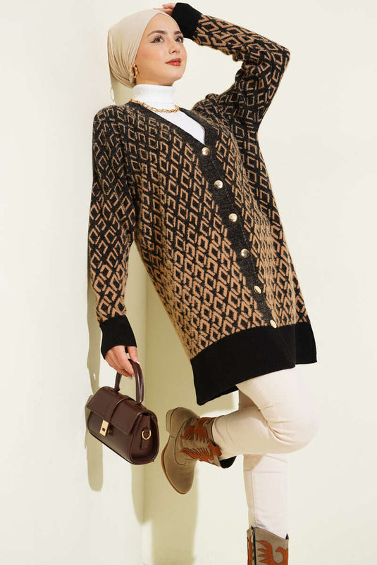 Cardigan in maglia con bottoni e motivo a rombi, nero cammello