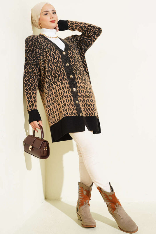 Diamond Pattern Bearded Buttoned Knitwear Cardigan Black Camel