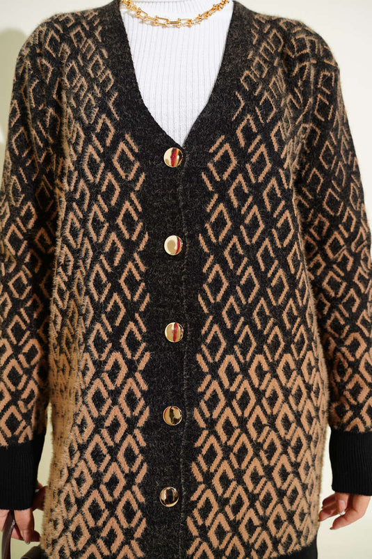 Cardigan in maglia con bottoni e motivo a rombi, nero cammello