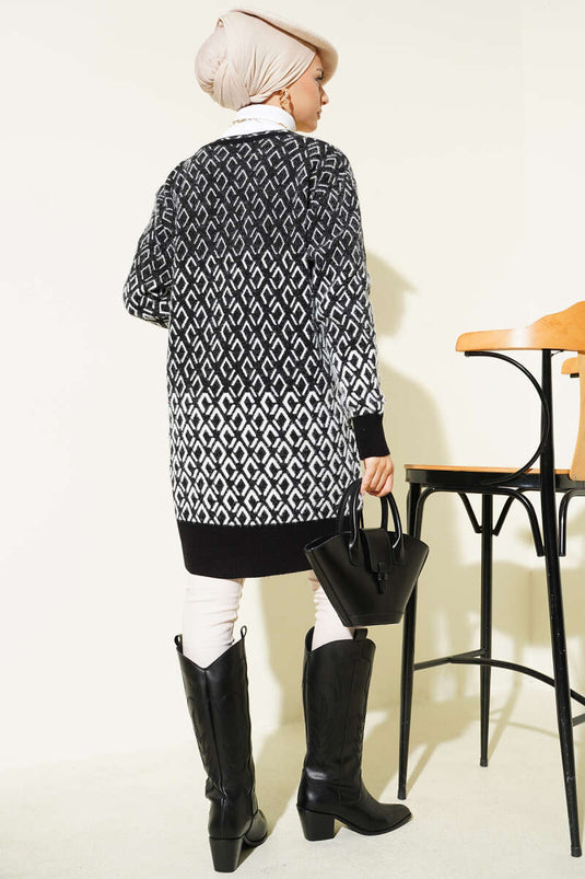 Diamond Pattern Bearded Buttoned Knitwear Cardigan Black