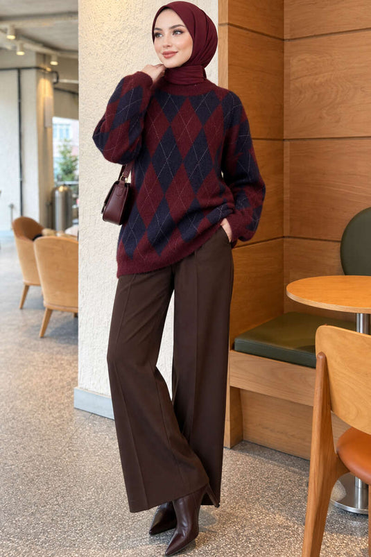Burgundy Loose Fit Tunic With Baklava Pattern