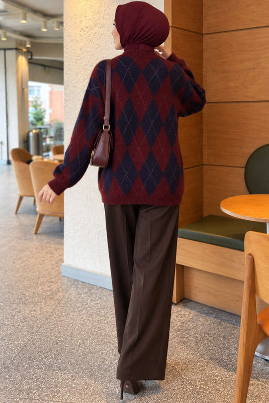 Burgundy Loose Fit Tunic With Baklava Pattern